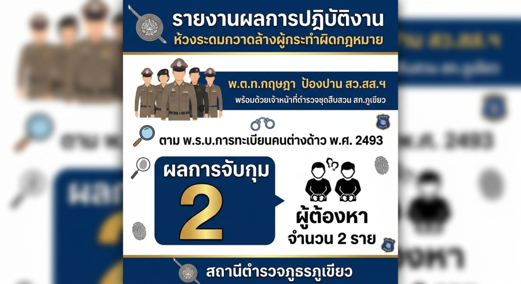 พ.ต.ท.กฤษฎา ป้องปาน สว.สส.ฯ พร้อมด้วยเจ้าหน้าที่ตำรวจชุดสืบสวน สภ.ภูเขียว ดำเนินการห้วงระดมกวาดล้าง เพื่อป้องกันปราบปรามผู้กระทำผิดกฎหมาย ตาม พ.ร.บ.การทะเบียนคนต่างด้าว 2 ราย